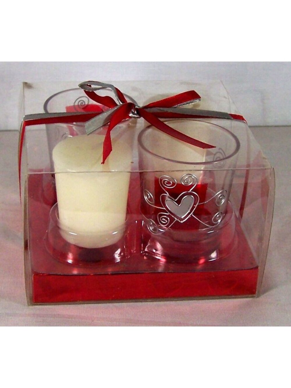 Candle Silver Hearts Votive Candle & Holder set 2 Holders Red Boxed Ribbon Love